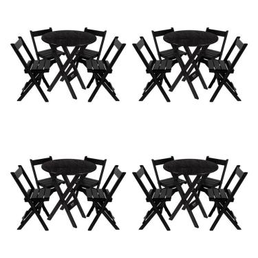 Imagem de Kit 4 Conjuntos Mesa Redondo 70cm Dobrável Com 4 Cadeiras Em Madeira Maciça - Preto - Preto