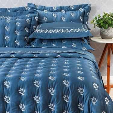 Imagem de Kit Cobre Leito Colcha Super King 100% Algodão 400 Fios Acetinado Bordado 5 Peças Azul Marinho