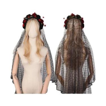 Imagem de Tiara De Noiva Com Véu, Design De Caveira, Teia De Aranha E Rosa Preta