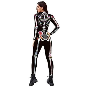 Imagem de Women Halloween Skeleton Costume Stretch Skinny Catsuit Jumpsuit Scary Skull Print Long Sleeve Bodysuit Large