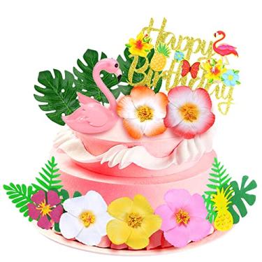 Imagem de 13 peças de topos de bolo de flamingo para decoração de bolo de verão com lindos bonecos de flamingo rosa e folhas de palmeira de flor de hibisco para artigos de festa temáticos tropicais havaianos e praia
