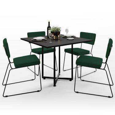 Imagem de Mesa de Jantar Rivera Preto 90cm com 04 Cadeiras Industrial Allana F01 Suede Verde Musgo - Lyam