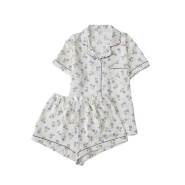 Imagem de Verdusa Conjunto de pijama feminino estampado de 2 peças, camisa de botão com shorts, Bege roxo, G