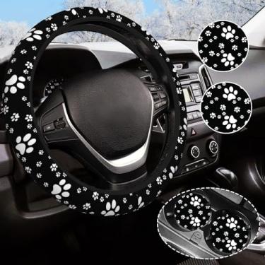 Imagem de Capa de volante com estampa de pata para mulheres e homens com 2 peças de porta-copos de carro, universal de 36 a 38 cm, capas de volante fofas antiderrapantes para meninas