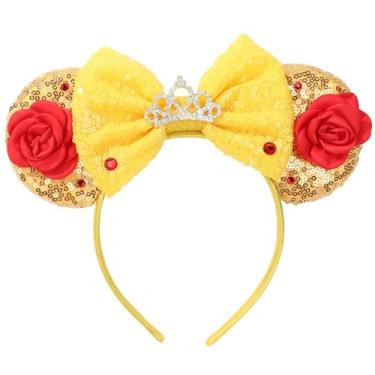 Imagem de RAZKO Faixa de cabeça, orelhas Sparkle Belle Minnie, flor vermelha dourada, faixa de cabelo para fãs da Disney, unissex para crianças, unissex e adultos