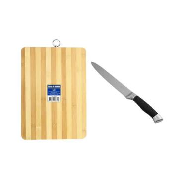 Imagem de Tábua de cote em bambu 34x24cm e Faca de Cozinha inox lâmina 8 Polegad