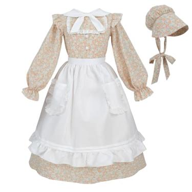 Imagem de LTAKK Vestido colonial para meninas, fantasia pioneira, pradaria, peregrina, vestido com avental e gorro, Laranja, cinza, G