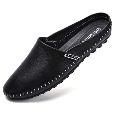 Imagem de Mocassim masculino Mules Clog Pantufa respirável de couro legítimo sem cadarço casual frente única, Preto, 39