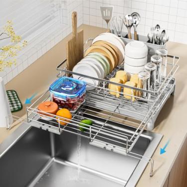 Imagem de Laveshop Escorredor de pratos expansível de aço inoxidável 304 para balcão de cozinha, economiza espaço com suporte de utensílios, cinza