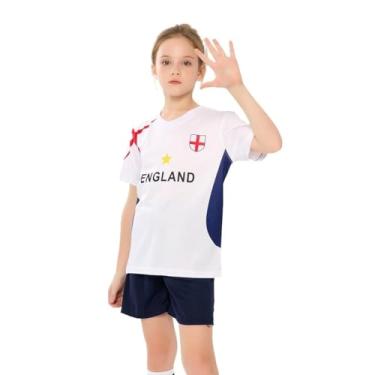 Imagem de Bolognifi Camisa de futebol infantil, camiseta da Copa Europeia/Américas, meninos e meninas, conjunto de shorts esportivos de futebol com meia manga(England,13-14A)
