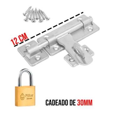 Imagem de Ferrolho com Porta Cadeado + Parafusos + Cadeado Vários Tamanhos Peque
