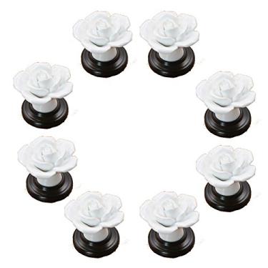 Imagem de Puxador de maçaneta de cerâmica com flor rosa vermelha adorável 8 peças com base preta para gaveta de quarto de criança infantil, armário, peito, caixa, cômoda, armário, etc. com parafusos (branco)