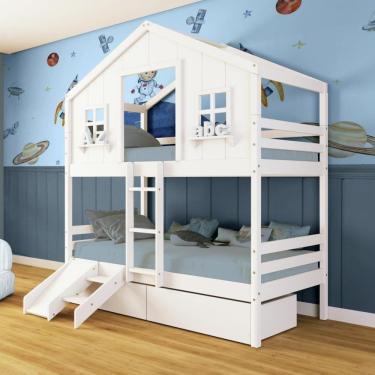 Imagem de Beliche Casinha Dos Sonhos Com 02 Gavetas Kit Escada/ Escorregador Madeira Maciça Branco Megamobilia