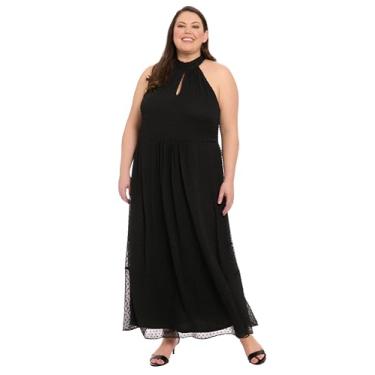 Imagem de London Times Vestido de noite feminino com gola alta sem mangas em camadas com bolinhas suíças Maxi-Formal, Preto, 52