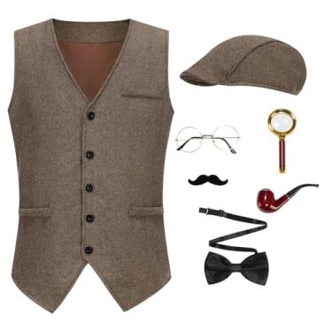 Imagem de GRAJTCIN Conjunto de fantasia de detetive Sherlock Holmes para homens adultos cosplay roupa 7 peças (marrom claro-GG)