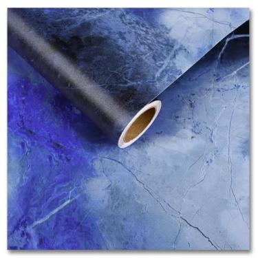 Imagem de CRE8TIVE Papel de parede grosso azul preto mármore fosco papel de parede de cozinha bancada papel de parede descascar e colar 30,5 x 203,2 cm papel de contato de granito de vinil autoadesivo para