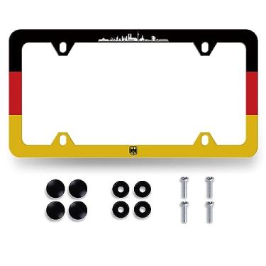 Imagem de Moldura da placa de licença da bandeira da Alemanha Suporte de placa de licença de bandeira alemã colorido aço inoxidável à prova de ferrugem peças automotivas engraçadas decoração de placa de licença com parafusos tamanho 31,2 cm x 16 cm para homens e mulheres