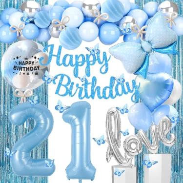 Imagem de Gonngrun Decorações Para Festa De Aniversário 21 Anos Em Azul E Prata Com Faixa Alegre, Balões Amor, Balão Número 21, Guirlanda Borboletas Penduradas, Cortinas Franjas 12º