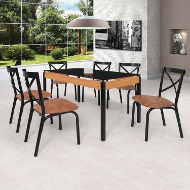 Imagem de Conjunto Sala de Jantar Mesa 140cm X 77cm Tampo Vidro com 6 Cadeiras Karina Preto fosco / Caramelo