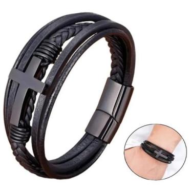 Imagem de Pulseira tribal cruz executiva em couro multicamada masculina feminina