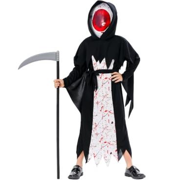 Imagem de MSSmile-FANKID Kids Grim Reaper Costumes Boys Scary Halloween costumes with Skull Mask Scythe(M/8-10T,Black)