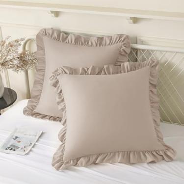 Imagem de KKJIAF Capas de travesseiro com babados 61 x 61 cm, conjunto de 2 fronhas quadradas cáqui, fronhas de microfibra resistentes a rugas com fecho de envelope para sofá-cama sala de estar