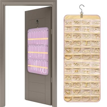 Imagem de FALESOUL Organizador de joias para pendurar, suporte de joias grande de dois lados com bolsos e ganchos de metal para brincos, colares, anéis no armário, parede, porta (roxo)