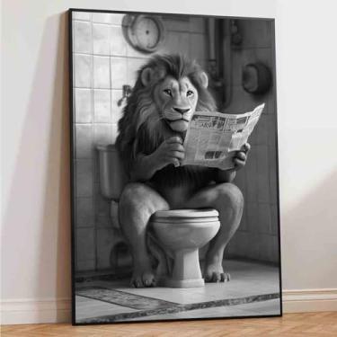 Imagem de Vlolvfe Leão engraçado arte de parede de banheiro leão fofo em tela de vaso sanitário impressão de pôsteres preto e branco estampas de animais 40,6 x 61 cm sem moldura