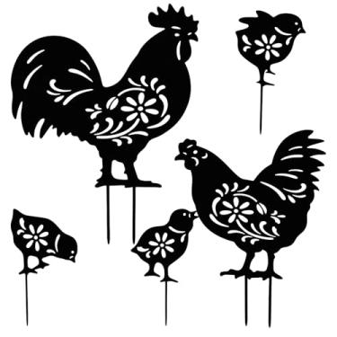 Imagem de 5 peças de decoração de jardim de galinha de metal, silhueta de galo e galinha com pintinhos, estaca de jardim, arte de galinha, estátuas decorativas de silhueta para caminho, chão, jardim, gramado ao