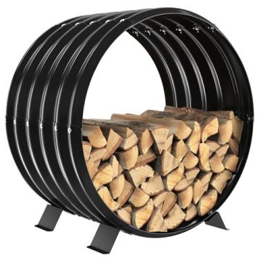 Imagem de VAMFUTRE Suporte redondo para lenha de folha de metal por lareira interna/ao lado de fogueira externa - com pernas de metal, à prova de ferrugem, suporte de lenha durável e elegante (círculo, 61 cm de