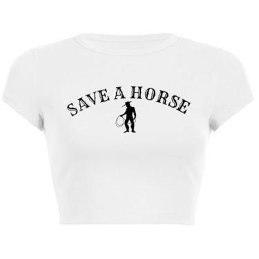 Imagem de Camiseta Woxlica Save A Horse Ride A Cowboy Rodeo feminina branca S