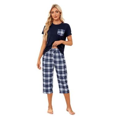 Imagem de Conjunto de pijamas femininos Mchodare Capri de manga curta azul marin