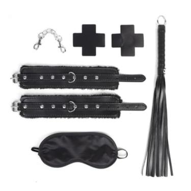 Imagem de Kit Sado Bondage Com 4 Itens com Algema Pelúcia, Venda, Chicote e Adesivos Acessórios Eróticos SM117