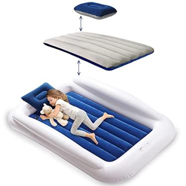 Imagem de Cama de viagem Todder, cama infantil inflável portátil para crianças | Colchão de ar infantil | Cama de viagem infantil | Colchão de soprar infantil com laterais, ideia para festas do pijama, azul marinho e cinza