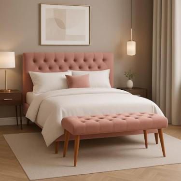 Imagem de Banqueta Luxo Vitoria Estofada Capitonê, Pés de Madeira Moderno Rose