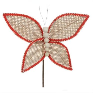 Imagem de Borboleta Natalina Decorativa Rústica Bege Vermelho 17cm Artificial De