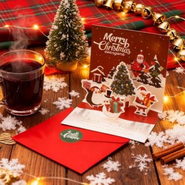 Imagem de Cartões vermelhos de Natal para mulheres, homens, presentes de Natal para filha, filho, amigo, cartões de Natal pop-up 3d para ele, pinguim, Papai Noel, boneco de neve, cartão de Natal com adesivos de