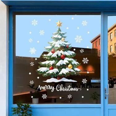Imagem de Adesivos para janela de árvore de Natal para vidro, floco de neve, adesivos de janela de Natal, bolas vermelhas e amarelas, árvore de Natal, decoração de festa de Natal, acessórios, portas, janelas