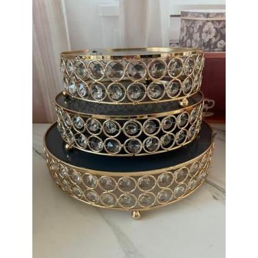 Imagem de Conjunto de suporte de bolo de cristal dourado de 20/20/30,5 cm, suporte redondo para bolo com pingentes de cristal, mesa de sobremesa, para eventos de casamento, aniversário, festa de aniversário