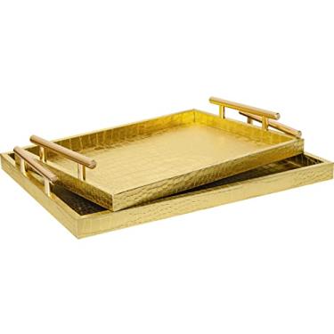 Imagem de JUMBO HUMBLE Bandeja de madeira moderna e elegante grande, conjunto de 2 bandejas de couro de crocodilo dourado com alças de metal polido dourado, bandeja decorativa retangular para otomana, mesa de centro para sala de estar