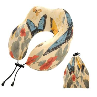 Imagem de CEBUGI Travesseiros de viagem portáteis em forma de U, travesseiro de pescoço de espuma viscoelástica com trava de corda ajustável para avião, viagem, trem, negócios, escritório, soneca (borboleta)