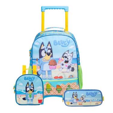 Imagem de Kit Mochila Rodas Bluey Escolar Infantil Lancheira E Estojo Cor:Azul, 