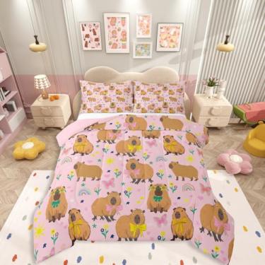 Imagem de Erosebridal Jogo de cama solteiro com desenho animado de capivara, animais fofos, tamanho solteiro, para quarto de crianças, adolescentes e adultos, com laço e borboleta, floral, arco-íris, rosa e