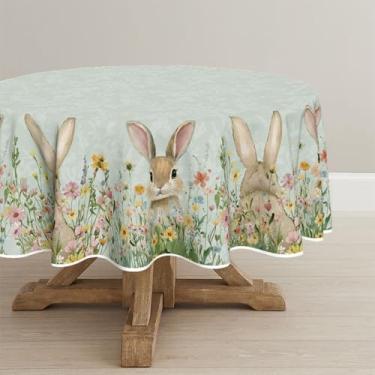 Imagem de Horaldaily Toalha de mesa redonda de Páscoa 178 × 177 cm, flores verdes de coelhinho da Páscoa, lavável e sazonal, para decoração de festa, piquenique, jantar