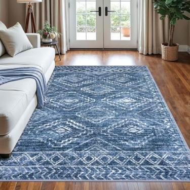 Imagem de KILOCOCO Tapete para sala de estar, 12 x 18 cm, estampado, boho, lavável, antiderrapante, macio, grande, marroquino, para sala de jantar, escritório, casa de fazenda, tapete geométrico, azul marinho