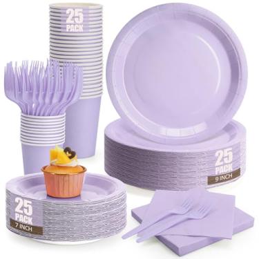 Imagem de Pratos e guardanapos de lavanda para festas, inclui prato de papel descartável de 22 cm, conjunto de pratos e copos de sobremesa de 18 cm e garfos de guardanapos, para aniversário, casamento, chá de