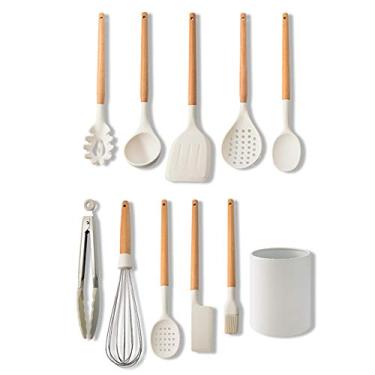 Imagem de Conjunto de Utensílios Cozinha Silicone Ferramentas Antiaderentes com Cabo Madeira 10 PCS Resistentes ao Calor Balde Armazenamento