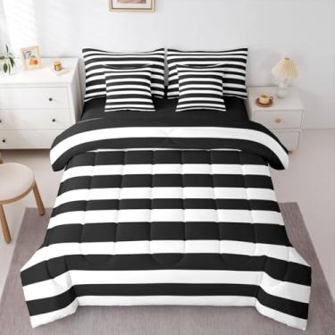 Imagem de Erosebridal Conjunto de edredom solteiro listrado preto e branco com lençol para crianças e adultos - Conjunto de cama de 7 peças com listras abstratas e listras horizontais neutras