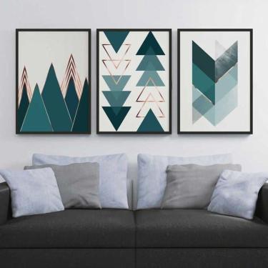 Imagem de Kit 3 Quadros Decorativos Com Molduras Montanhas Geo Verde