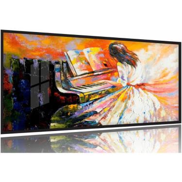 Imagem de Quadro Decorativo Pintura Mulher Tocando Piano 130x60 Moldura Preta 2x2